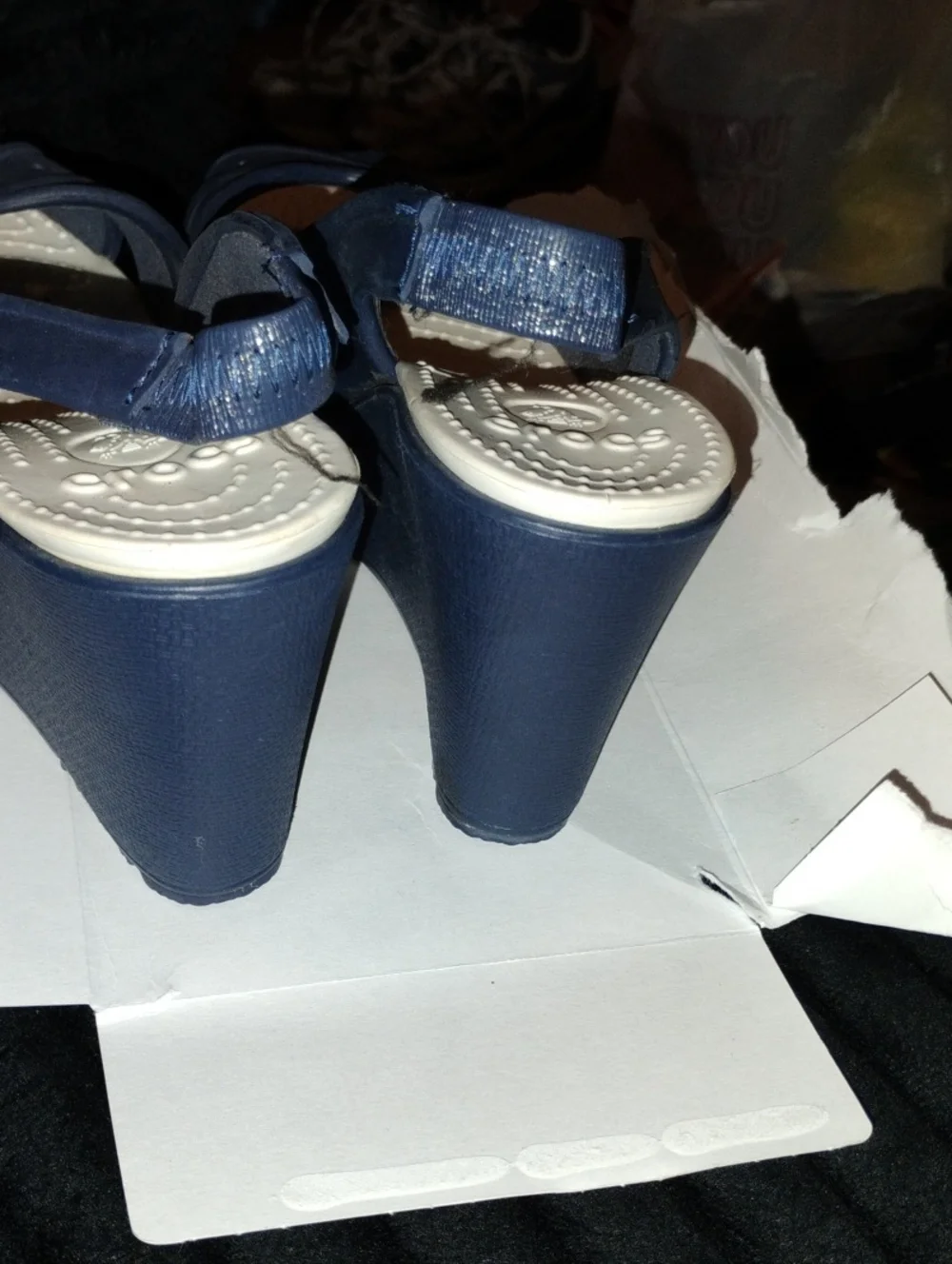 CROCS NAVY BLUE PEEP TOE SLING BACK WEDGE SANDALS EXCELLENT CONDITION